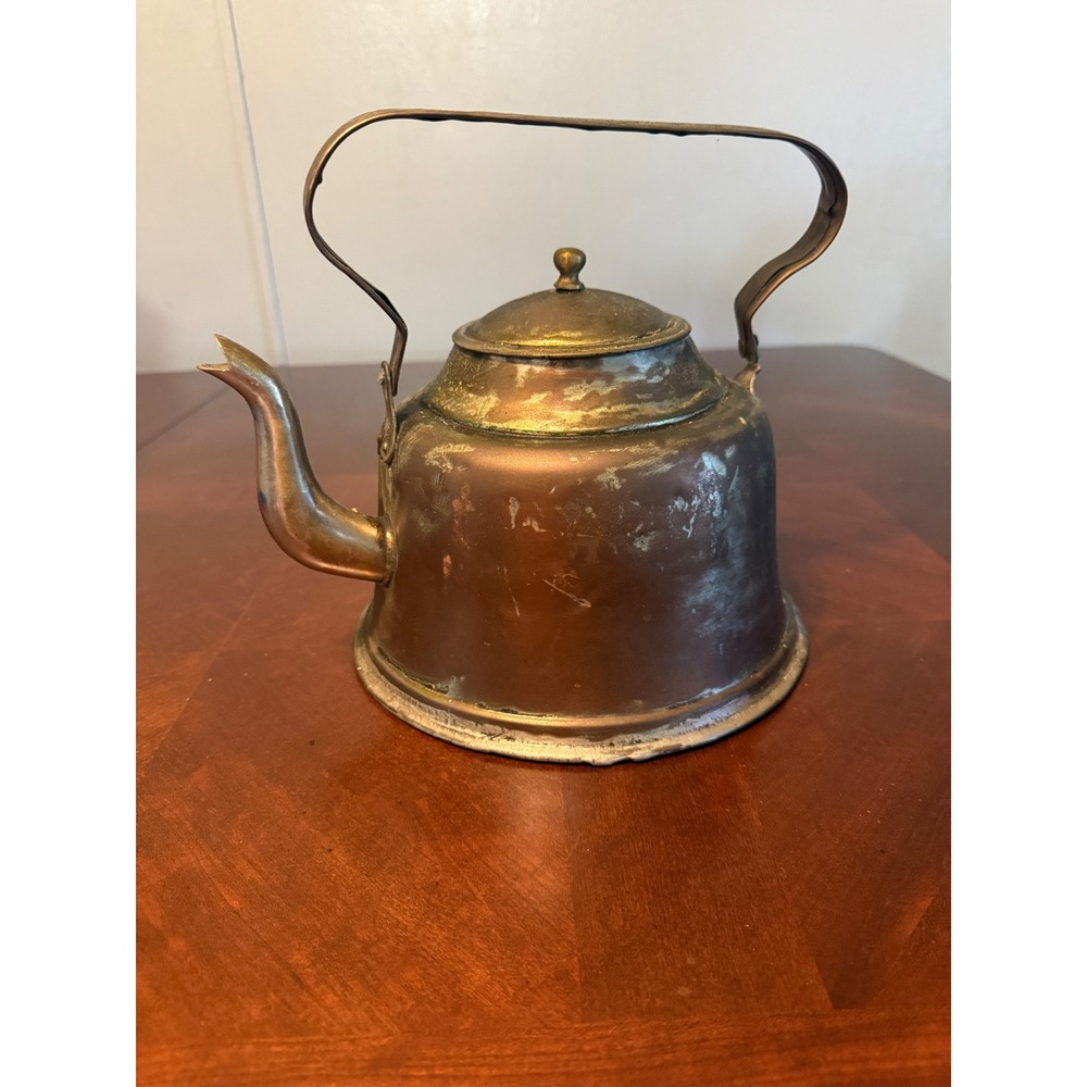 Antique Copper Tea Kettle Brass Handle Primitive Patina Stovetop Decor